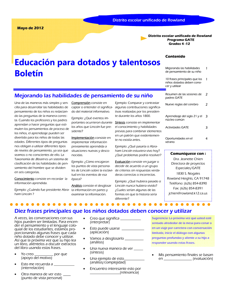 Educacin para dotados y talentosos Boletn - rowlandschools Vista previa en la página 1