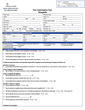Prior Authorization Form for Hemophilia Medication