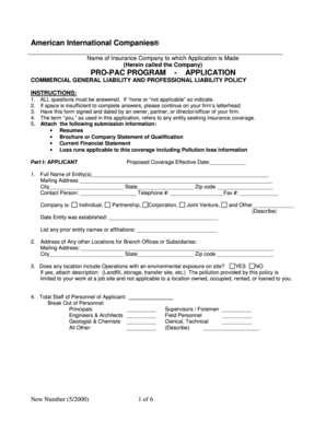 Commercial General Liability and Professional Liability Application