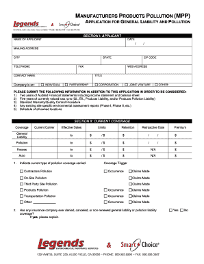 Manufacturers Products Pollution Liability Application
