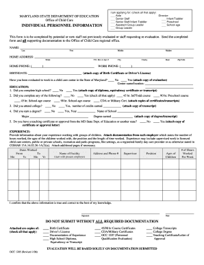 Maryland Child Care Staff Application Form