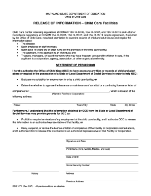 Maryland Child Care Facility Release of Information