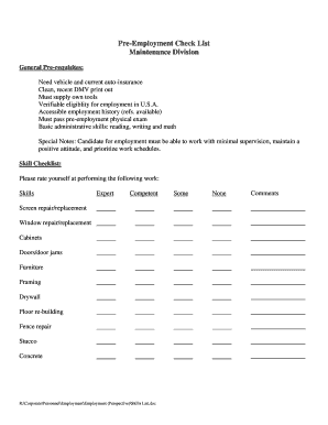 Pre-Employment Checklist for Maintenance Division