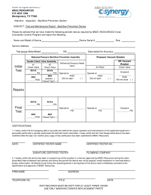 Test and Maintenance Report - Backflow Prevention Device