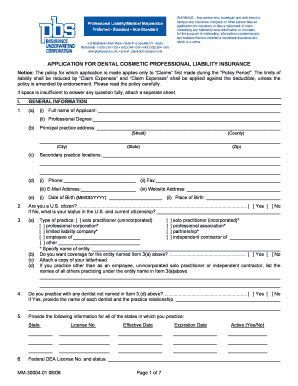 Dental Cosmetic Professional Liability Insurance Application