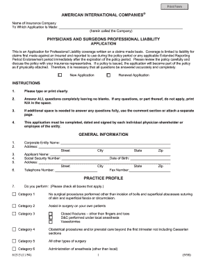 Physicians and Surgeons Professional Liability Application