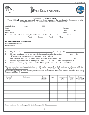 Historical Questionnaire for Student-Athletes