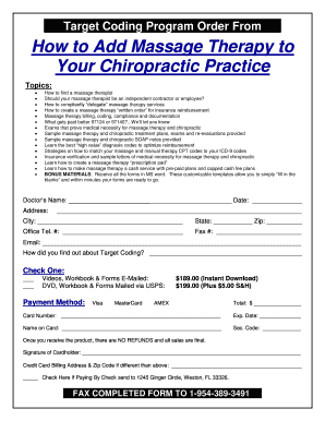 Massage Therapy Order Form for Chiropractic Practice