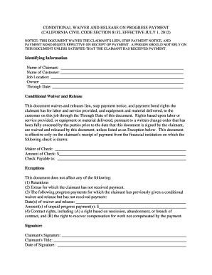 Conditional Waiver and Release on Progress Payment