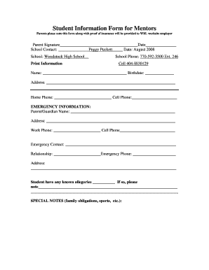 Student Information Form for Mentors