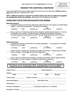 Girl Scouts of the Commonwealth of VA Additional Insurance Request