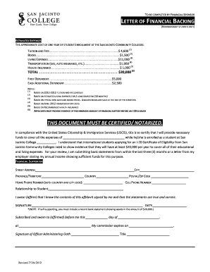 Letter of Financial Backing for Nonimmigrant Students