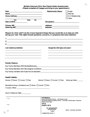 Multiple Sclerosis Clinic New Patient Intake Questionnaire