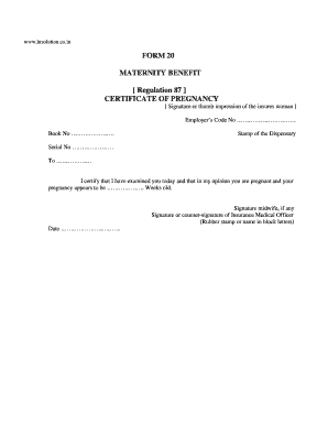 Maternity Benefit Certificate Form 20