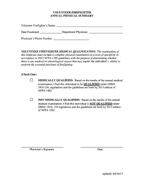 Volunteer Firefighter Annual Physical Summary