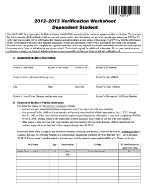 2012–2013 Verification Worksheet Dependent Student