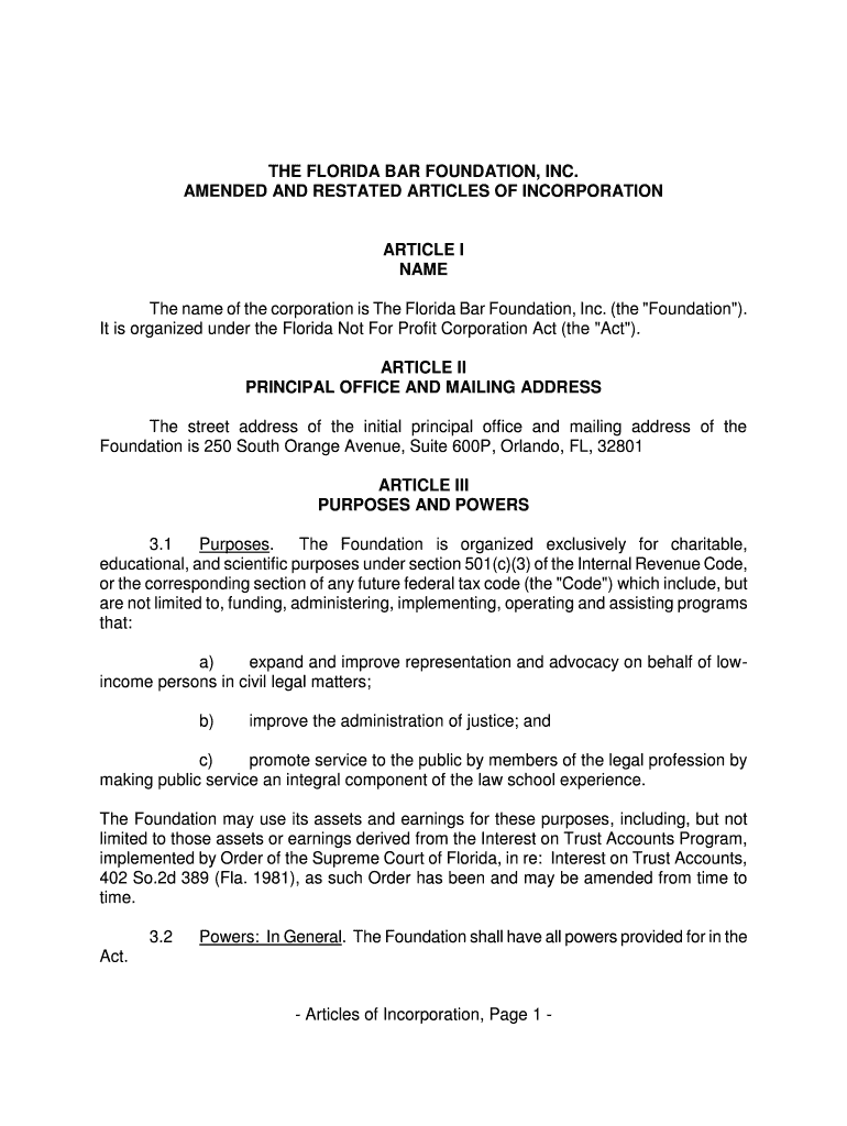 Fillable Online thefloridabarfoundation Articles of Incorporation The Florida Bar Foundation