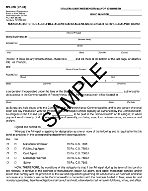 Pennsylvania Dealer Agent Bond Form MV-375