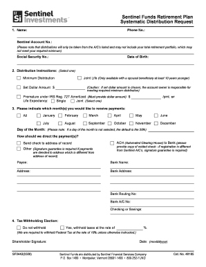 Sentinel Funds Retirement Plan Systematic Distribution Request