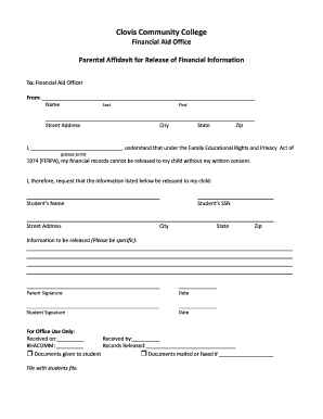 Parental Affidavit for Release of Financial Information