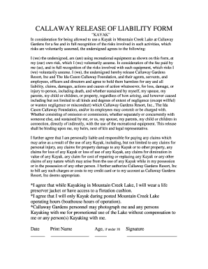 Callaway Kayak Release of Liability Form