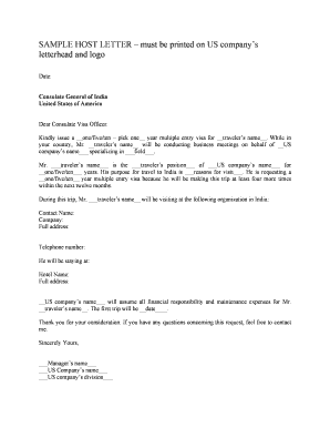 SAMPLE HOST LETTER must be printed on US companys