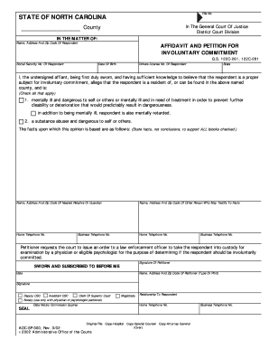 Affidavit and Petition for Involuntary Commitment