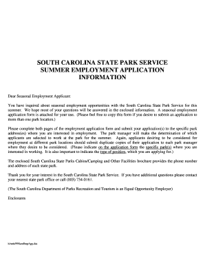 South Carolina State Park Service Summer Employment Application