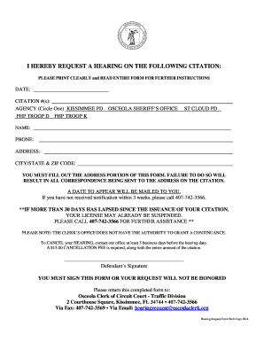 Traffic Citation Hearing Request Form