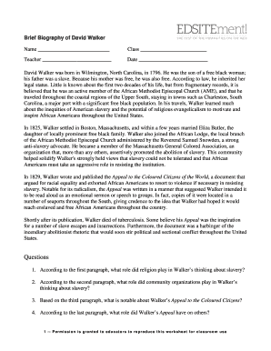 David Walker Biography Worksheet