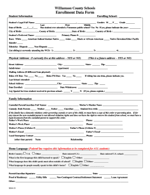 Williamson County Schools Enrollment Data Form