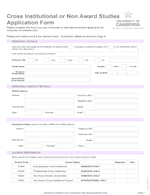 University of Canberra Cross Institutional or Non Award Studies Application Form