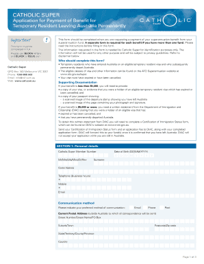 Catholic Super Temporary Resident Superannuation Benefit Application