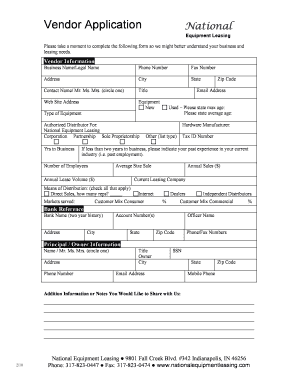 Vendor Application for National Equipment Leasing
