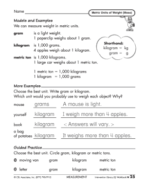 Metric Units of Weight (Mass) Worksheet