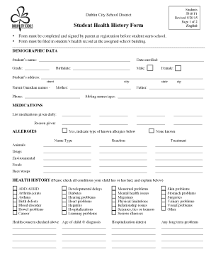 Student Health History Form