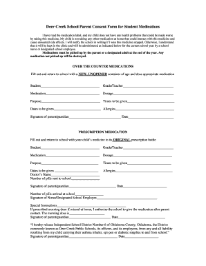 Deer Creek School Parent Consent Form for Student Medications