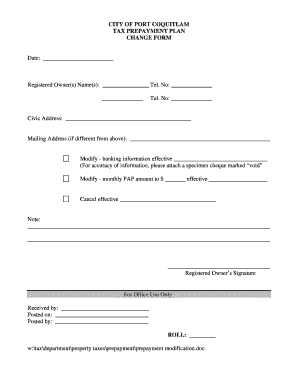 City of Port Coquitlam Tax Prepayment Plan Change Form
