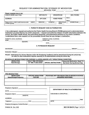 Request for Administration Storage of Medication in School