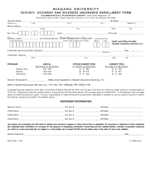 Niagara University Accident and Sickness Insurance Enrollment Form