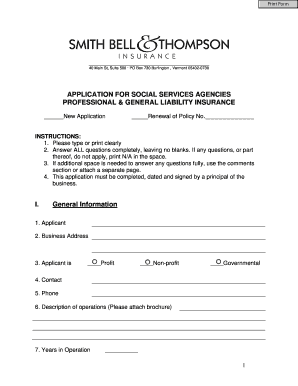 Application for Professional and General Liability Insurance