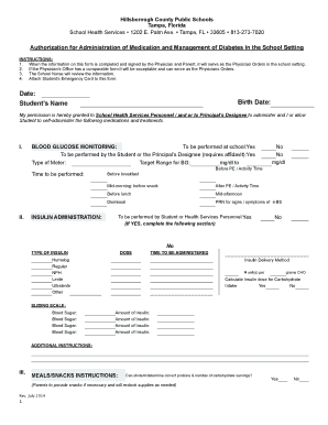 Authorization for Administration of Medication and Management of Diabetes