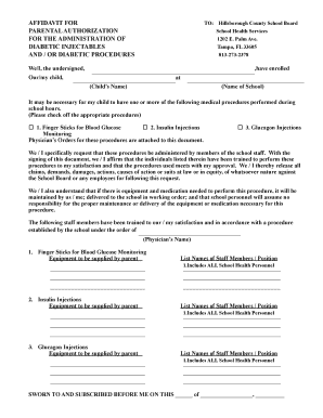 Affidavit for Parental Authorization of Diabetic Procedures