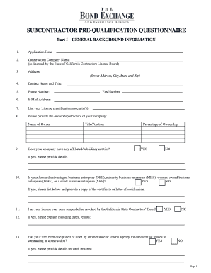California Subcontractor Pre-Qualification Questionnaire