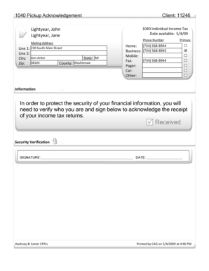 1040 Individual Income Tax Pickup Acknowledgement