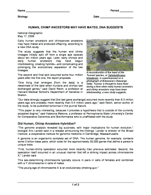Biology Worksheet on Human-Chimp Ancestors
