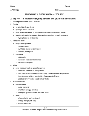 AP Biology Unit 1 Biochemistry Review Worksheet