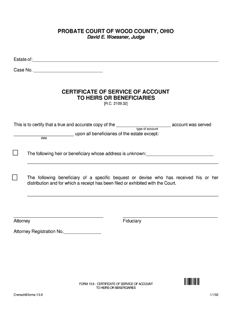 Fillable Online probatecourt co wood oh Woessner, Judge Estate of