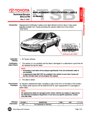 Toyota Replacement Certification Label Request