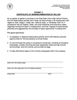 Security creed - East Side Union High School District Adult Education Security Guard Services Request for Proposals RFP GP071415 EXHIBIT 4 CERTIFICATE OF NONDISCRIMINATION BY SELLER As a supplier of goods or services to the East Side Union High School